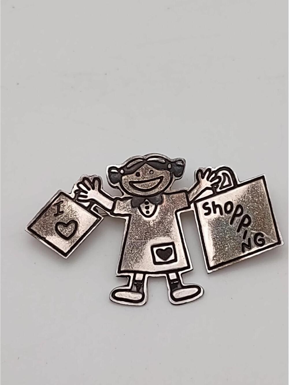 Vintage Sterling I Love Shopping Brooch Pin 925